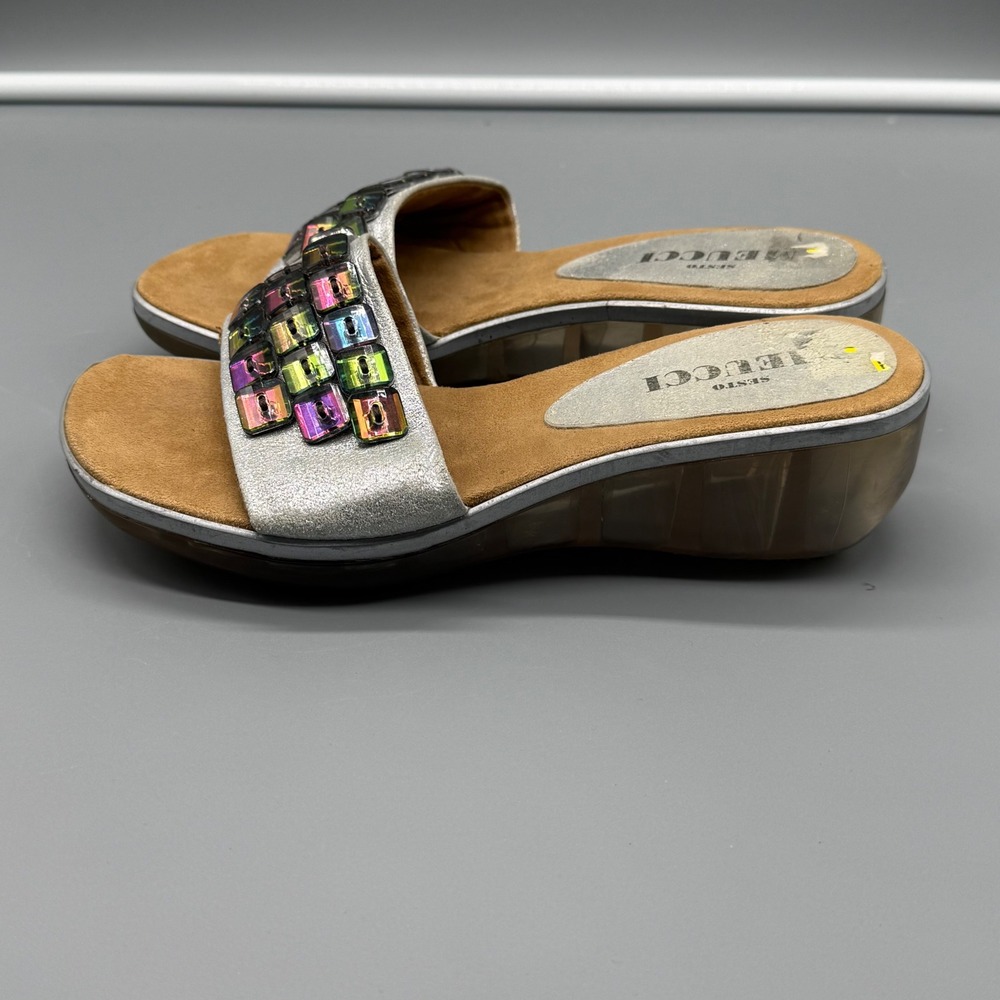 Y2K Sesto Meucci Mens Silver Metallic Rainbow Gemstone Wedge Slide Sandals 6.5M